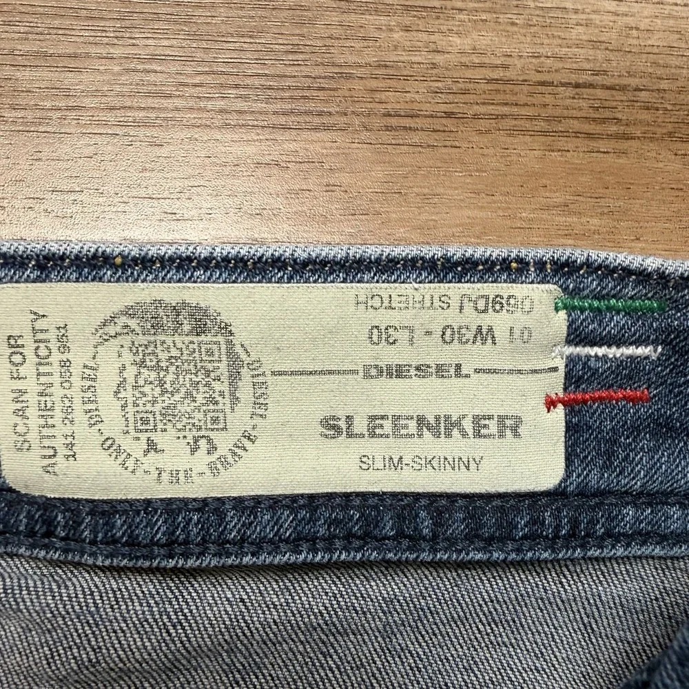 Diesel Sleenker‎ Jeans Men 30x30 Blue Slim Skinny Stretch Italy Whiskered 069DJ